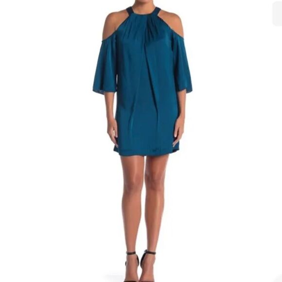 Trina Turk Spirit Silk Teal Blue Halter Cold Shoulder Mini Dress Size Small - Picture 1 of 9